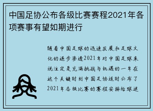 中国足协公布各级比赛赛程2021年各项赛事有望如期进行